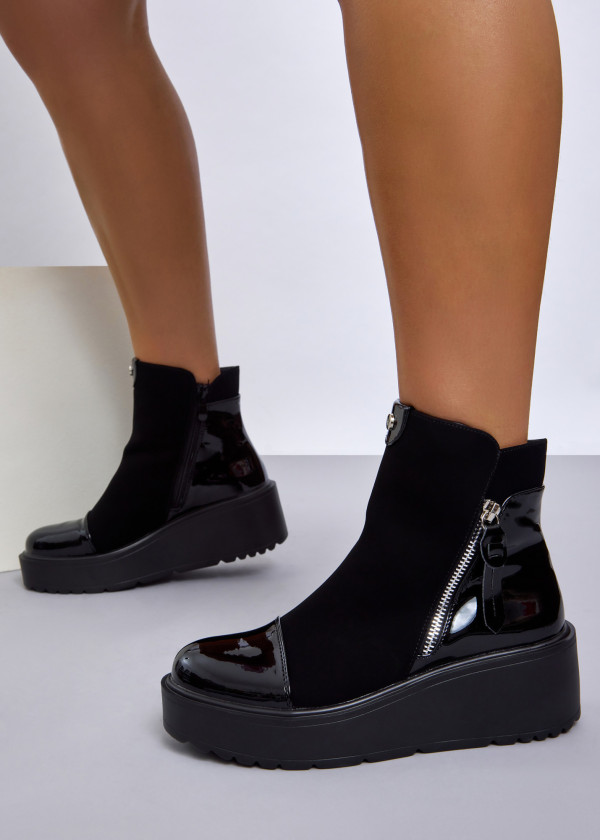Black Two-Tone Wedge Ankle Boots with Side Zipper