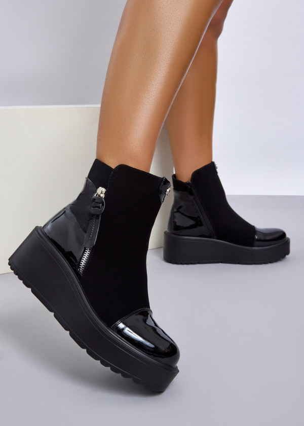 Black Two-Tone Wedge Ankle Boots with Side Zipper 1