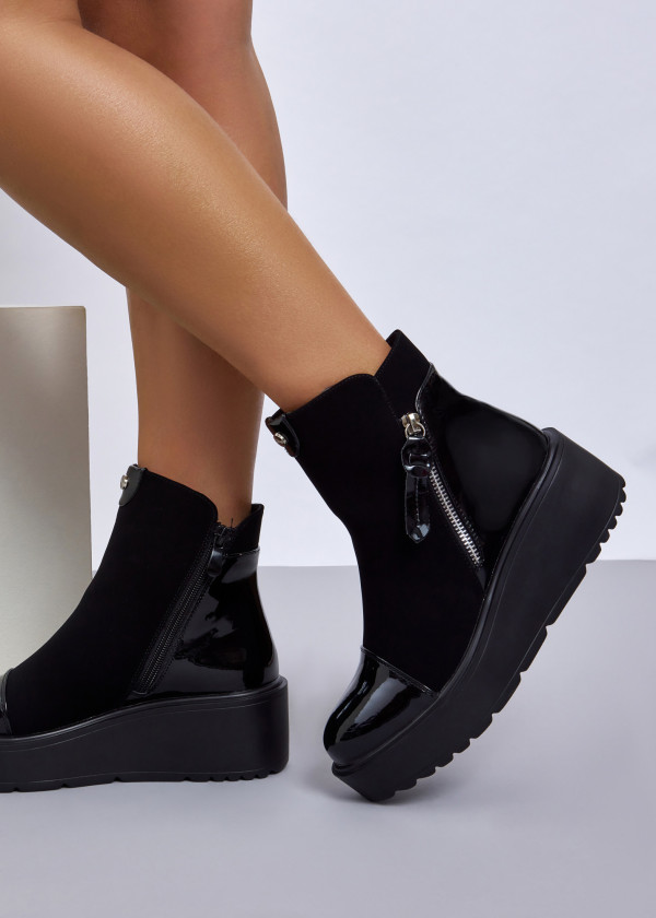 Black Two-Tone Wedge Ankle Boots with Side Zipper 2