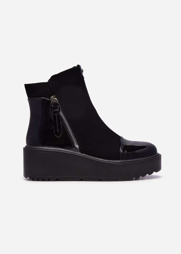 Black Two-Tone Wedge Ankle Boots with Side Zipper 3