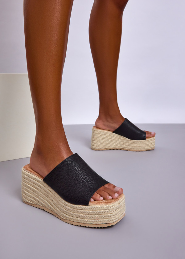 Black Espadrille Wedge Sliders