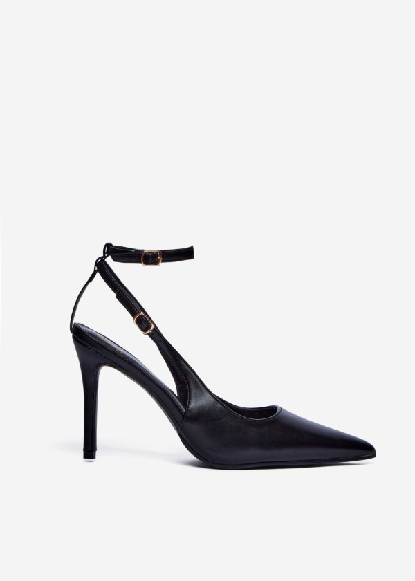 Black Pointed Toe Slingback Heels with Ankle Strap 3