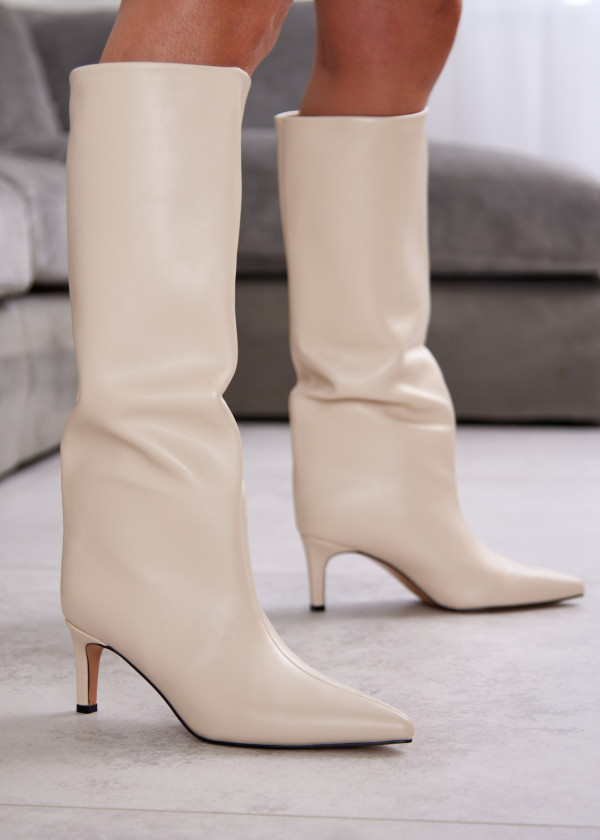 Beige Stiletto Knee-High Boots 1