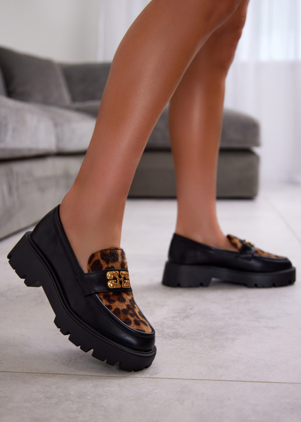 Black Chunky Sole Loafers with Leopard Print and Gold Detail 1