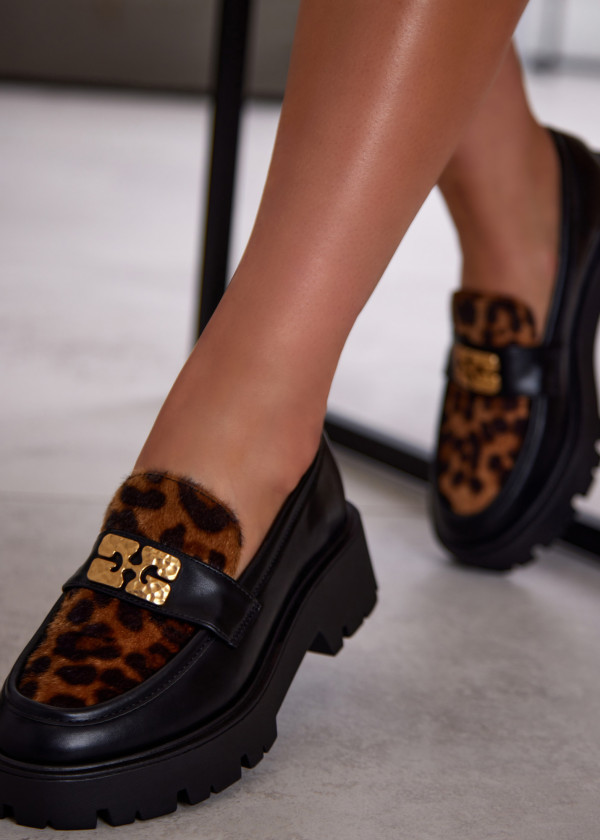 Black Chunky Sole Loafers with Leopard Print and Gold Detail 2