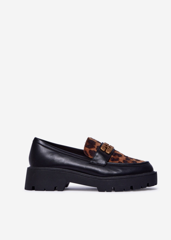 Black Chunky Sole Loafers with Leopard Print and Gold Detail 3