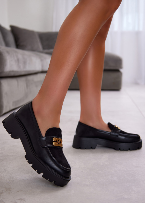 Black Chunky Sole Loafers with Gold Detail