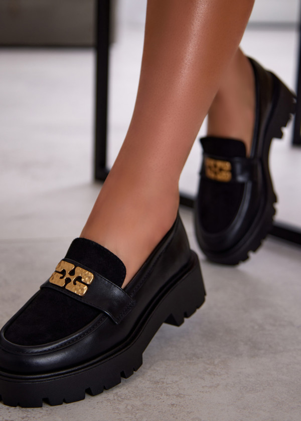 Black Chunky Sole Loafers with Gold Detail 2