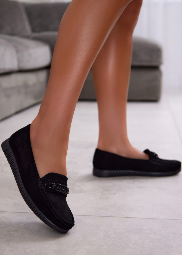 Black Suede Flat Loafers with Chain Detail 1