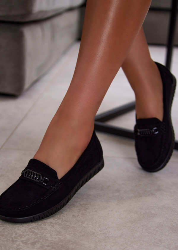 Black Suede Flat Loafers with Chain Detail 2