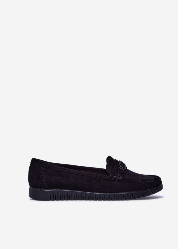 Black Suede Flat Loafers with Chain Detail 3