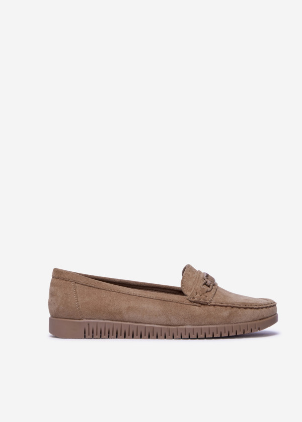 Khaki Suede Flat Loafers with Chain Detail 3