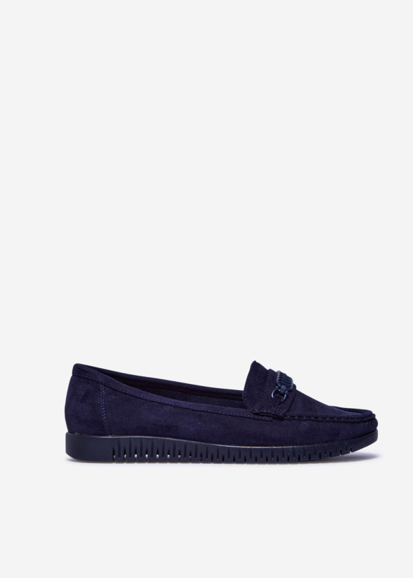 Navy Suede Flat Loafers with Chain Detail 3