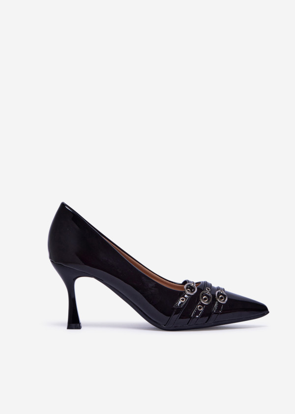 Black Patent Court Heels with Buckle Strap Detail 2