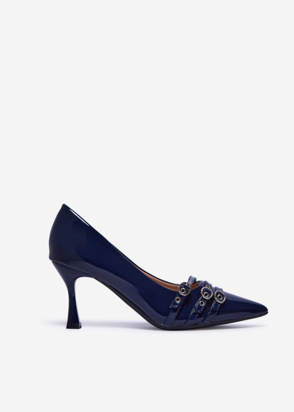 Navy Patent Court Heels with Buckle Detail 2