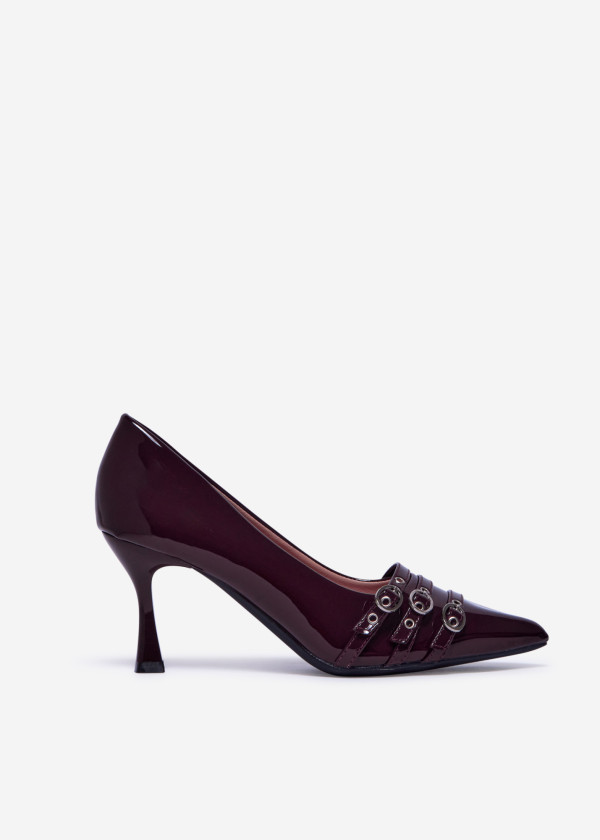 Brown Patent Pointed Toe Court Heels with Triple Buckle Strap Detail 3