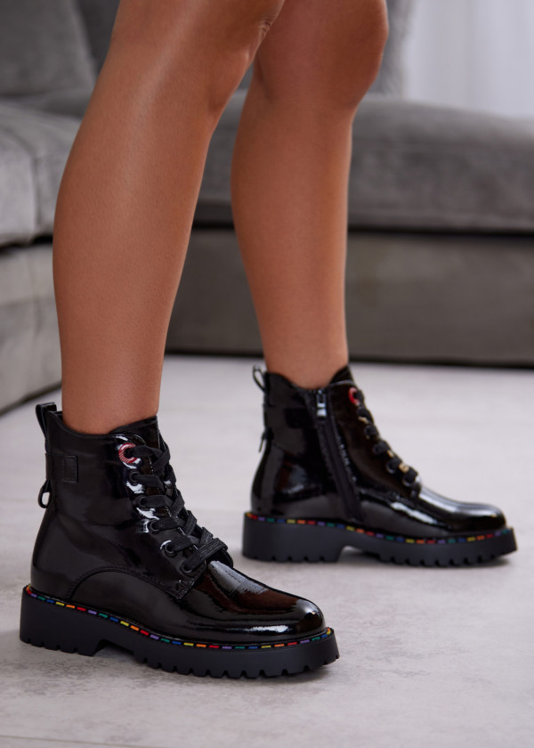 Black Patent Combat Boots with Rainbow Stitching 1