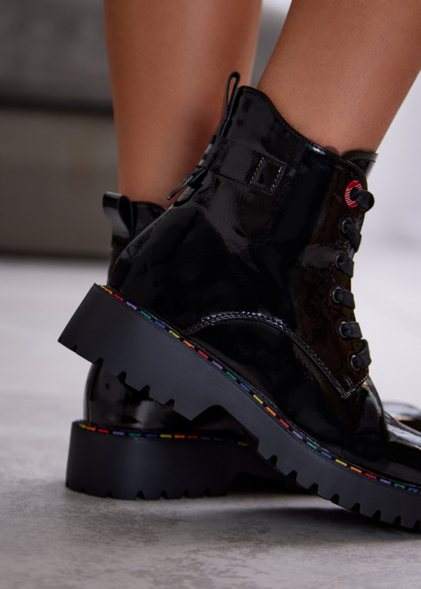 Black Patent Combat Boots with Rainbow Stitching 2