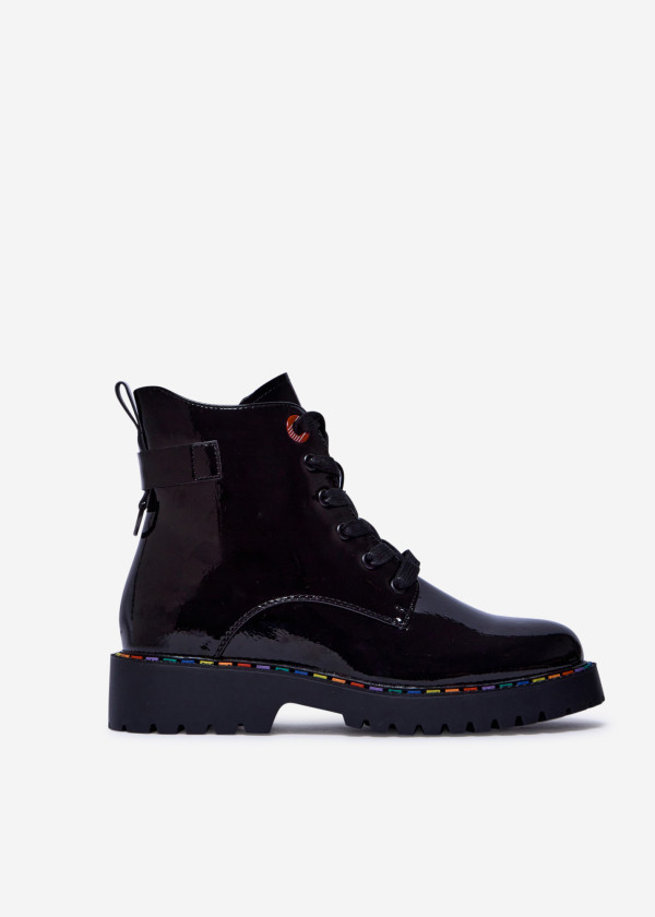 Black Patent Combat Boots with Rainbow Stitching 3