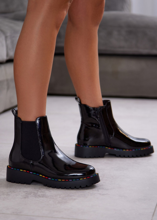 Black Patent Chelsea Boots with Rainbow Stitching