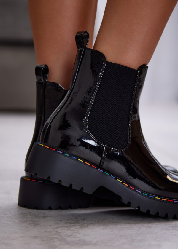 Black Patent Chelsea Boots with Rainbow Stitching 2