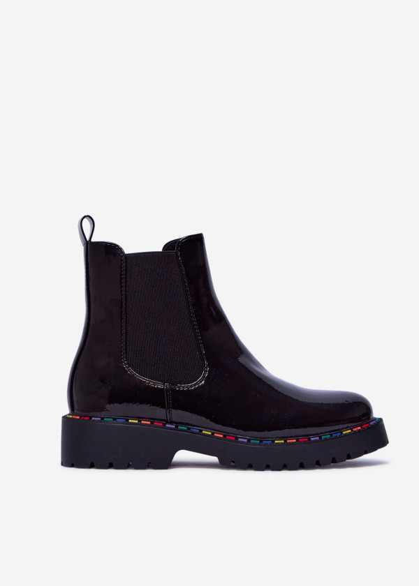 Black Patent Chelsea Boots with Rainbow Stitching 3