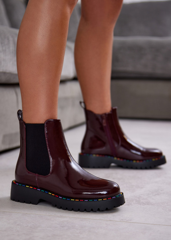 Wine Patent Chelsea Boots with Rainbow Stitching 1