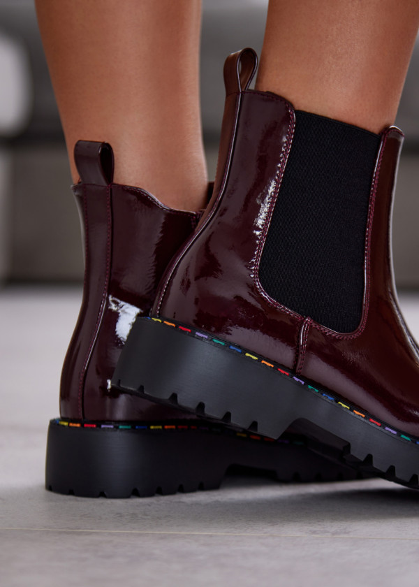 Wine Patent Chelsea Boots with Rainbow Stitching 2