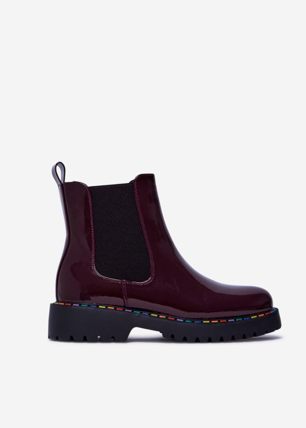 Wine Patent Chelsea Boots with Rainbow Stitching 3