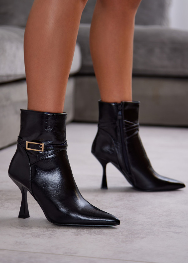 Black Stiletto Heel Ankle Boots with Buckle 1