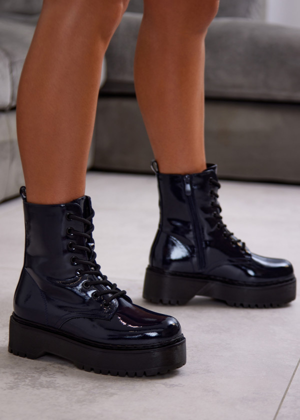 Navy Patent Lace-Up Platform Boots 1