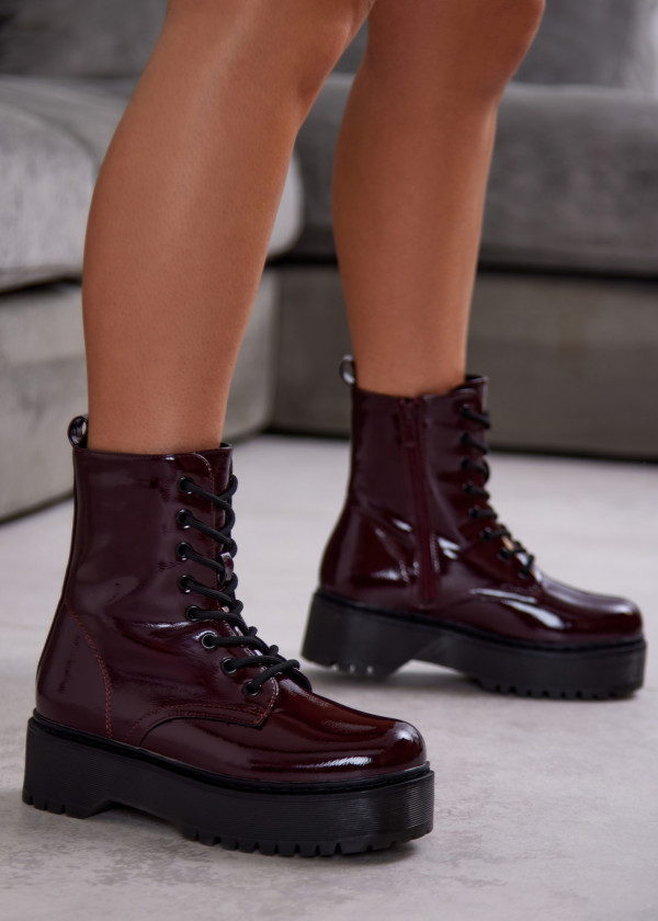 Wine Patent Lace-Up Platform Boots 1
