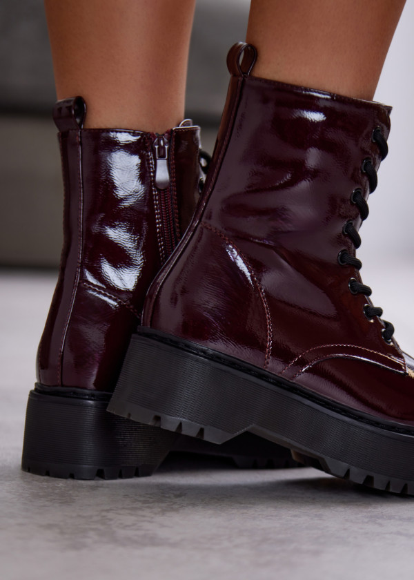 Wine Patent Lace-Up Platform Boots 2