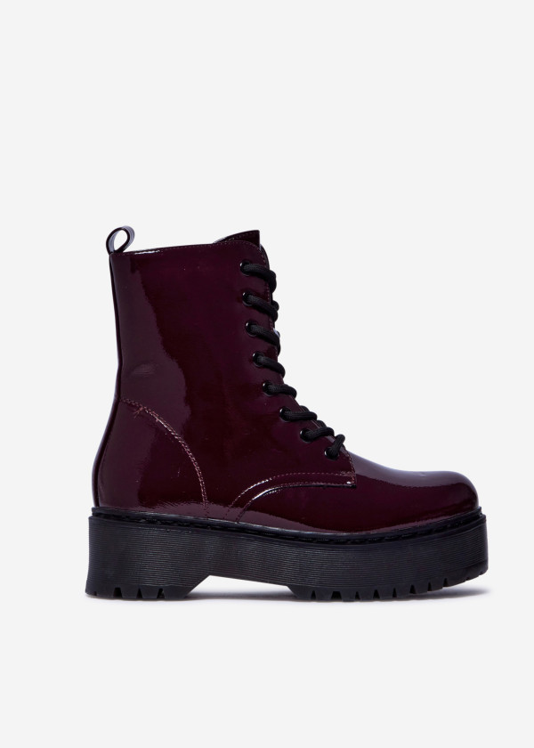 Wine Patent Lace-Up Platform Boots 3