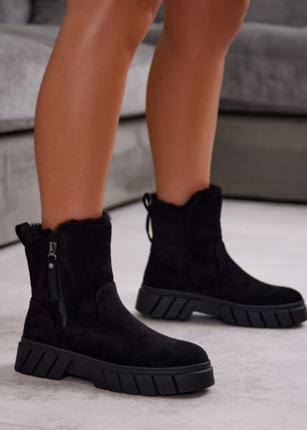 Black Faux Fur Lined Chunky Ankle Boots 1