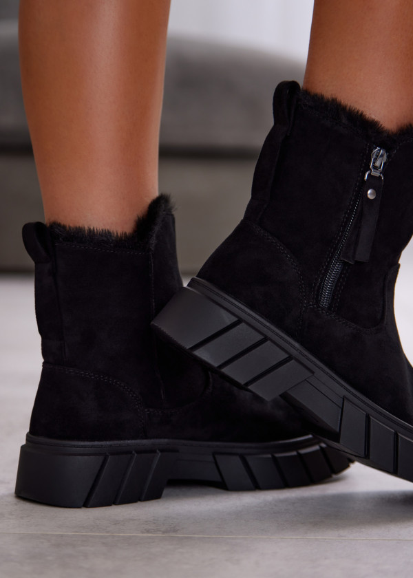 Black Faux Fur Lined Chunky Ankle Boots 2