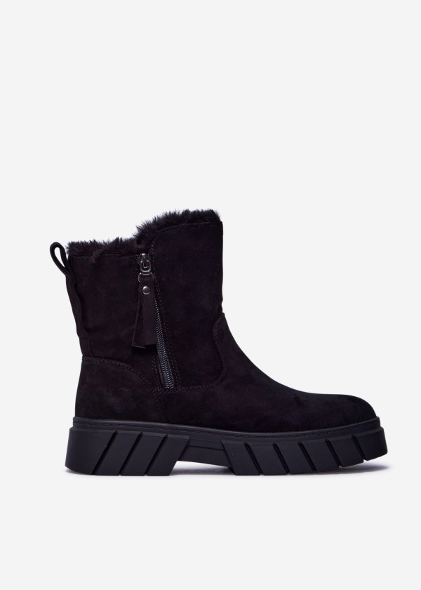 Black Faux Fur Lined Chunky Ankle Boots 3