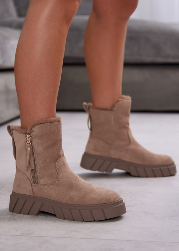 Khaki Warm Ankle Boots with Chunky Sole and Side Zipper