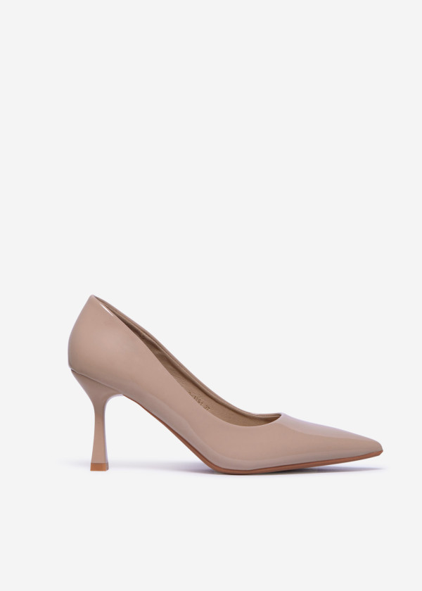 Beige Patent Pointed Toe Pumps with Mid Stiletto Heel 3