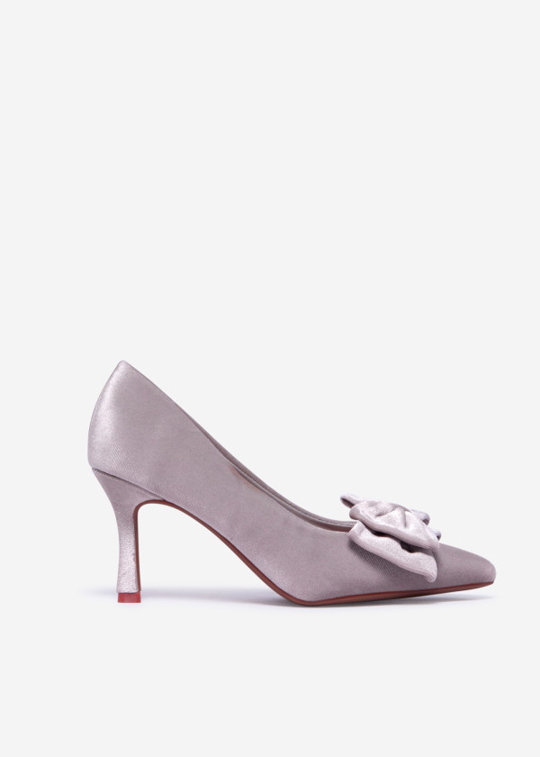 Beige Velvet Pointed Toe Pumps with Bow and Mid Stiletto Heel 3
