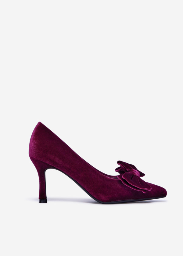 Wine Velvet Pointed Toe Pumps with Bow and Mid Stiletto Heel 3