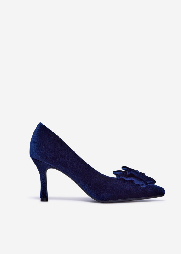 Navy Velvet Pointed Toe Pumps with Bow and Mid Stiletto Heel 3