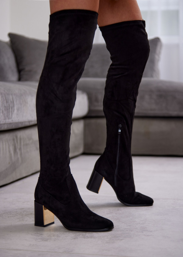 Black Suede Over-the-Knee Boots with Block Heel