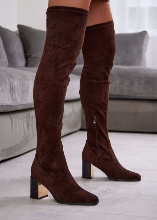 Brown Suede Over-the-Knee Boots with Block Heel
