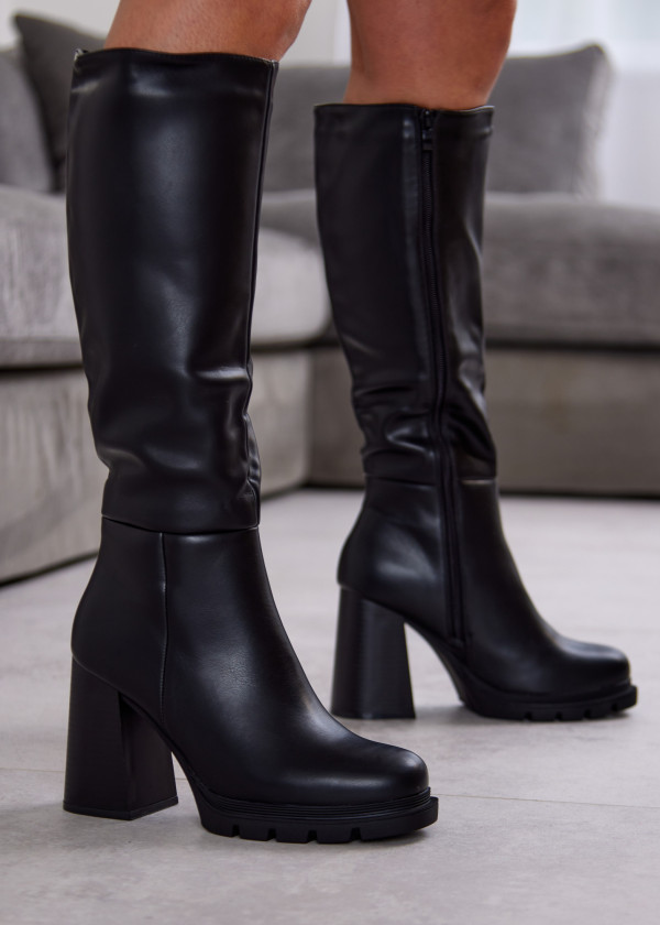 Black Knee-High Platform Boots with Block Heel 4