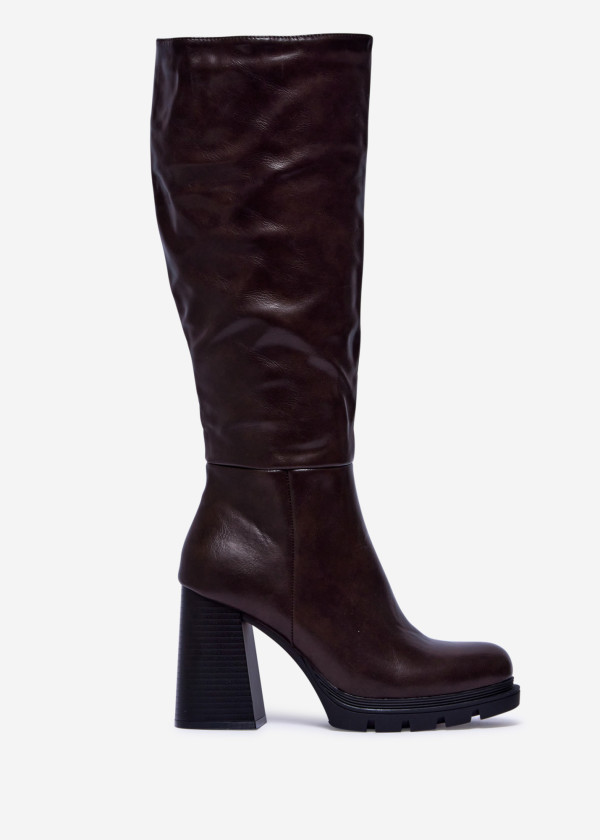 Brown High Heel Knee Boots with Block Heel 2