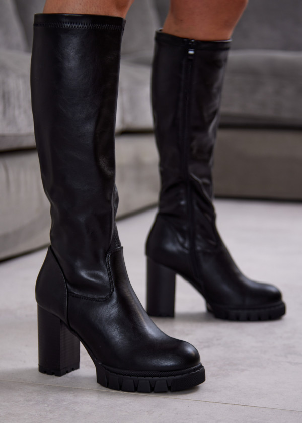 Black Knee-High Platform Block Heel Boots