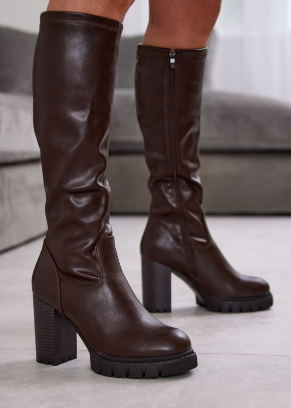 Brown Knee-High Platform Block Heel Boots 1