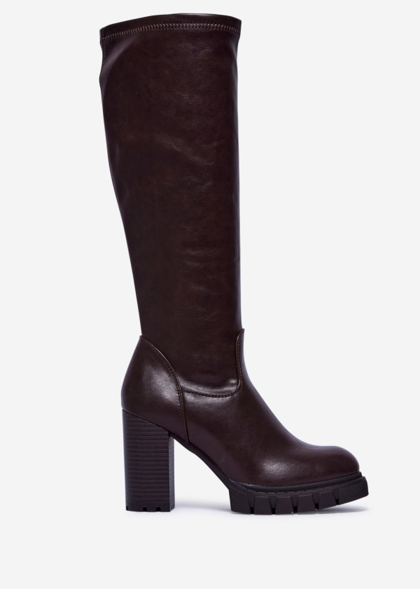 Brown Knee-High Platform Block Heel Boots 3