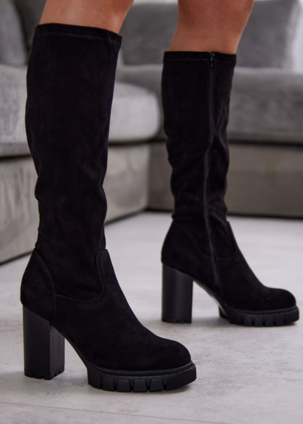 Black Suede Knee High Boots with Block Heel